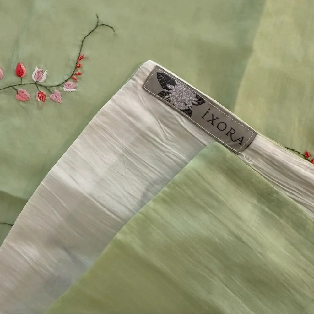Elegant Floral Embroidered Silk Scarf in Light Green